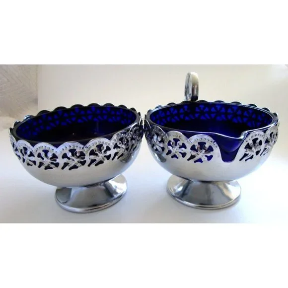 Cobalt Blue Glass and Silver Quality Plate Sugar and Creamer Set - England VTG - Picture 4 of 16